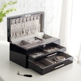 Hollywood Glam Jewelry Box with Faux Croc & Quilted Lining   14W x 7H in.   High Gloss Black