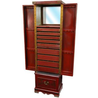 Oriental Furniture Tall Floor Jewelry Armoire in Antique Red Lacquer
