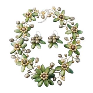 Modish Green Lily Mother of Pearl Freshwater Pearl Floral Jewelry Set