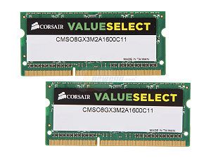 CORSAIR ValueSelect 8GB (2 x 4GB) 204 Pin DDR3 SO DIMM DDR3 1600 (PC3 12800) Laptop Memory Model CMSO8GX3M2A1600C11
