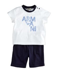 Armani Junior Two Piece Cotton Short Set, White/Blue, Size 3 24 Months