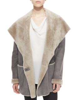 Vince Hooded Drape Collar Shearling Fur Jacket
