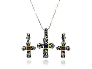 Purple Cubic Zirconia CZ Ladies Brass Rhodium Cross Necklaces Pendant Earrings Jewelry Set 567 bbs00023
