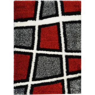 Contemporary Geometric Super Soft Shag Red/ Grey Area Rug (67 x 93)
