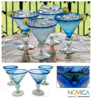 Set of 4 Blown Glass Ice Blue Martini Glasses (Mexico)  