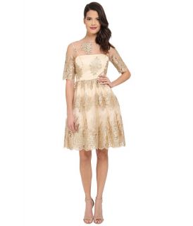 Adrianna Papell Metallic Corded Lace Party Dress Gold