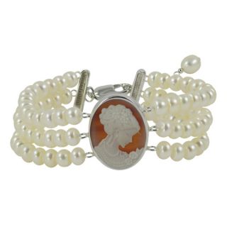 Sterling Silver White Freshwater Pearl and Agate Cameo 3 strand
