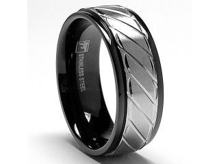 8MM Two Tone Stainless Steel Black Ring with Crystal Cut Grooves