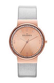 Skagen Crystal Bezel Pattern Leather Strap Watch, 34mm