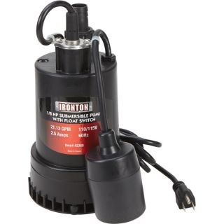 Ironton Submersible Water Pump with Float Switch and Auto On/Off — 1268 GPH, 1/8 HP, 1in. Port, Model# 108981  Submersible Utility Pumps