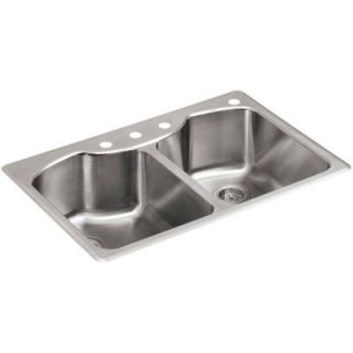 KOHLER Octave Top Mount/Undermount Stainless Steel 33 in. 4 Hole Equal Double Bowl Kitchen Sink K 3842 4 NA