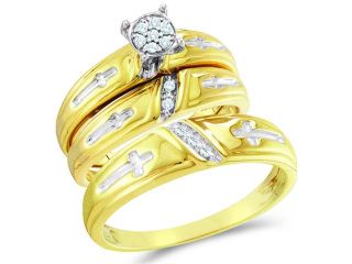 10K Yellow and White Two Tone Gold Diamond His & Hers Trio Ring Set   Round Shape Center Setting w/ Channel Set Round Diamonds   (1/10 cttw, G H, SI2)   SEE "OVERVIEW" TO CHOOSE BOTH SIZES