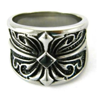 Stainless Steel Mens Black Cubic Zirconia Gothic Scroll Cross Ring