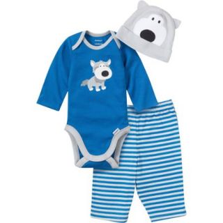 Gerber Baby Newborn Boy 3 Piece Husky Bodysuit, Pant and Cap Set