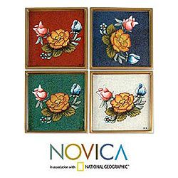 Set of 4 Painted Glass Roses Coasters (Peru)   Shopping