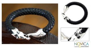 Sterling Silver Mens Dragon Leather Bracelet (Indonesia
