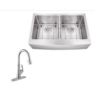 Schon All in One Farmhouse Apron Front Stainless Steel 32 7/8 in. Double Bowl Kitchen Sink with Faucet SC1767550CR