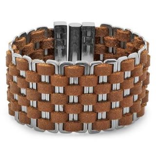 7" Amazing Design Stainless Steel Bracelet with Brown Leather