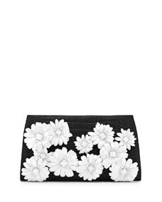 Nancy Gonzalez Slicer Flower Applique Crocodile Clutch Bag, Black/White