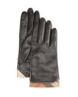 Burberry Tech Leather Gloves with Check Trim, Black