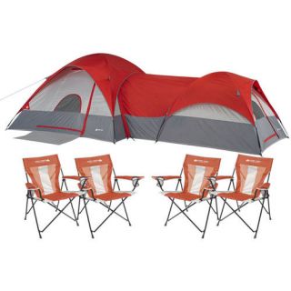 Ozark Trail ConnecTENT 8 Person 2 Dome Tent with Set of 4 Chairs Value Bundle Outdoor Sports