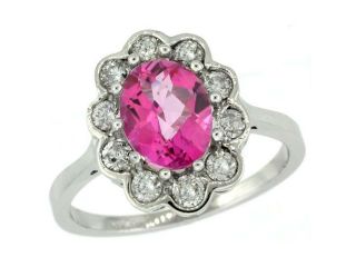 14k White Gold ( 9x7 mm ) Halo Engagement Pink Topaz Ring w/ 0.58 Carat Brilliant Cut ( H I Color; VS2 SI1 Clarity ) Diamonds & 2.10 Carats Oval Cut Stone, 5/8 in. (16mm) wide