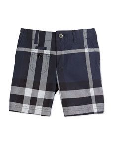 Burberry Percy Cotton Check Shorts, Navy, Size 4Y 14Y