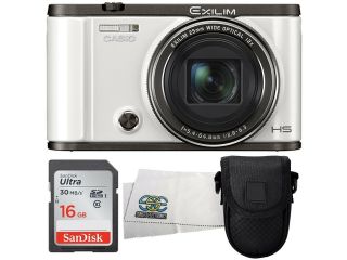 Casio Exilim EX ZR3500 Self Portrait Compact Digital Camera (White) with SanDisk 16GB Ultra Class 10 SDHC Memory Card, Small Point & Shoot Carrying Case and Microfiber Cleaning Cloth