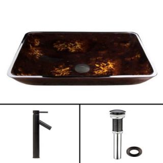 Vigo Glass Vessel Sink in Brown and Gold Fusion and Dior Faucet Set in Antique Rubbed Bronze VGT474
