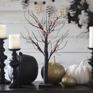 24 in. Black Glitter Halloween Tabletop Tree with Orange LED Lights   Halloween Decorative Accents