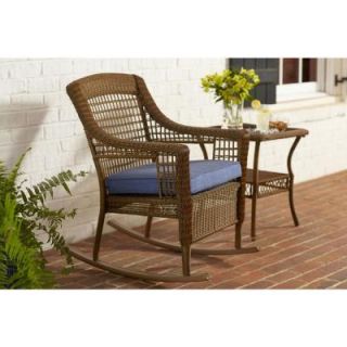 Hampton Bay Spring Haven Brown All Weather Wicker Patio Rocking Chair with Sky Blue Cushion 66 20312