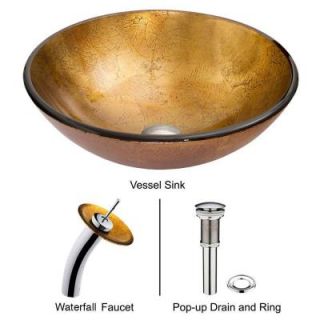 Vigo Copper Sun Vessel Sink in Browns/Gold with Waterfall Faucet in Chrome VGT019CHRND