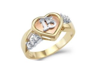 Solid 14k Yellow Gold 15 Birthday Quinceanera Heart CZ Cubic Zirconia Ring