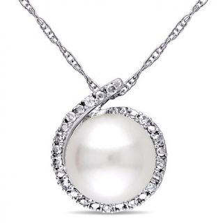 10K White Gold Cultured Freshwater Pearl and Diamond Pendant with Chain   7804999