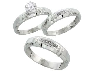 10k White Gold Diamond Trio Engagement Wedding Ring 3 piece Set for Him and Her 4.5 mm & 4 mm wide 0.10 cttw Brilliant Cut, ladies sizes 5 û 10, mens sizes 8   14