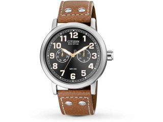 Citizen AO9030 05E Avion Stainless Steel Case Black Dial Day and Date Display Brown Leather Strap