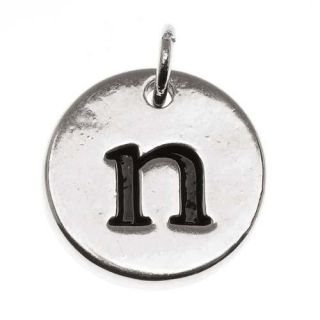 Lead Free Pewter, Round Alphabet Charm Lowercase Letter 'n' 13mm, 1 Piece, Silver Plated
