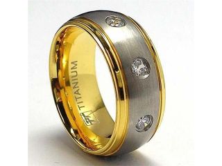 14K Gold Plated Titanium ring Wedding Band with 3 Cubic Zirconia