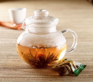Primula (12) Green Tea Flowers and Glass Tea Pot —