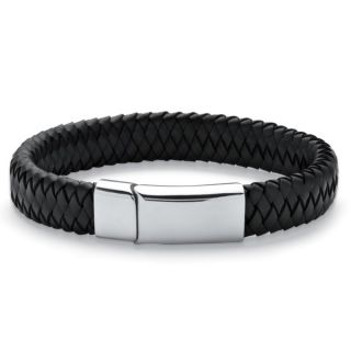 PalmBeach Mens Braided Leather and Stainless Steel Bracelet with