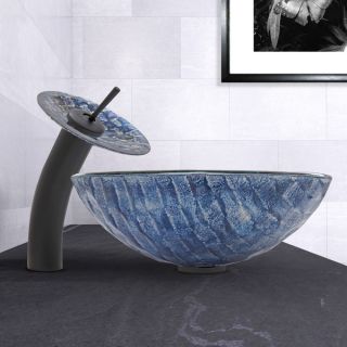 VIGO Oceania Glass Vessel Sink and Waterfall Faucet Set in Matte Black