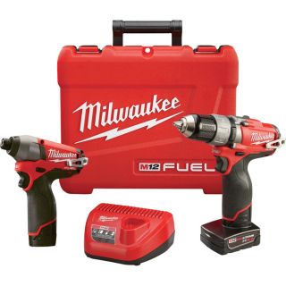 Milwaukee M12 FUEL Cordless 1/2in. Drill/Driver, 1/4in. Hex Impact Driver Combo Kit — With 2 Batteries, Model# 2594-22  Cordless Power Tool Kits