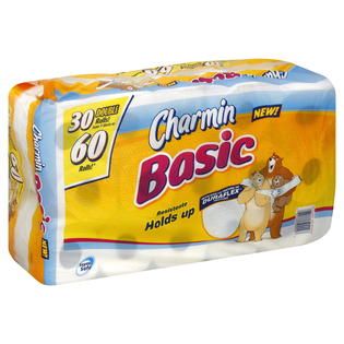 Charmin Basic Bathroom Tissue, Double Rolls, Unscented, 1 Ply, 30