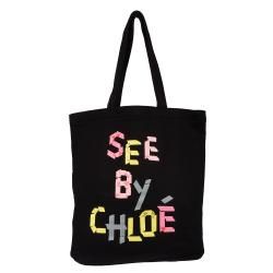 See By Chloe Black Graphic Print Cotton Tote Handbag