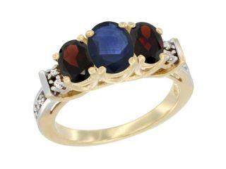 14K Yellow Gold Natural Blue Sapphire & Garnet Ring 3 Stone Oval Diamond Accent