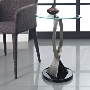 Powell Brushed Chrome, Black Poly & Glass Round Chairside Table
