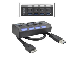 4 Port USB 3.0 HUB Super Speed External Cable Blue LED Indicator ON/OFF Switches