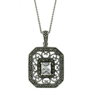 CZ and Marcasite Sterling Silver Filigree Pendant with 18" Cable Chain