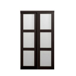 TRUporte Grand 60 in. x 80 in. 2290 Series Composite Espresso 3 Lite Tempered Frosted Glass Sliding Door 2290