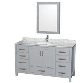 Wyndham Collection Sheffield 60 in. W x 22 in. D Vanity in Gray with Marble Vanity Top in Carrara White with White Basin and Cabinet Mirror WCS141460SGYCMUNSMED